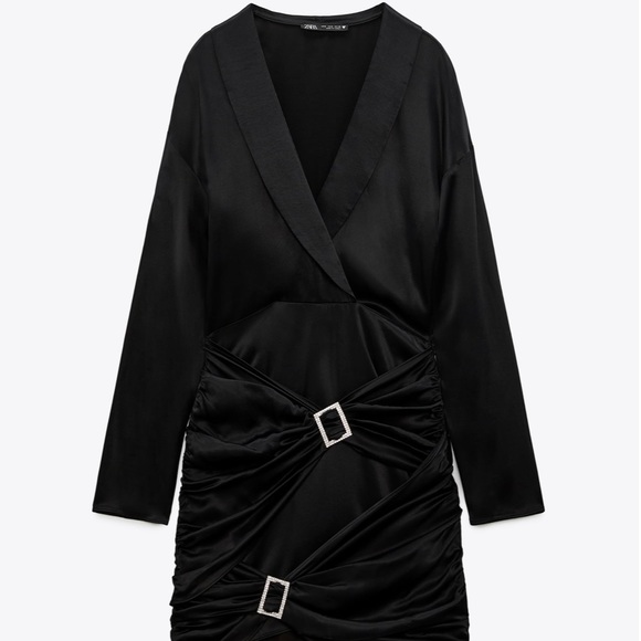 Zara Dresses & Skirts - Zara Jewel Trim Satin Effect Dress Black Draped